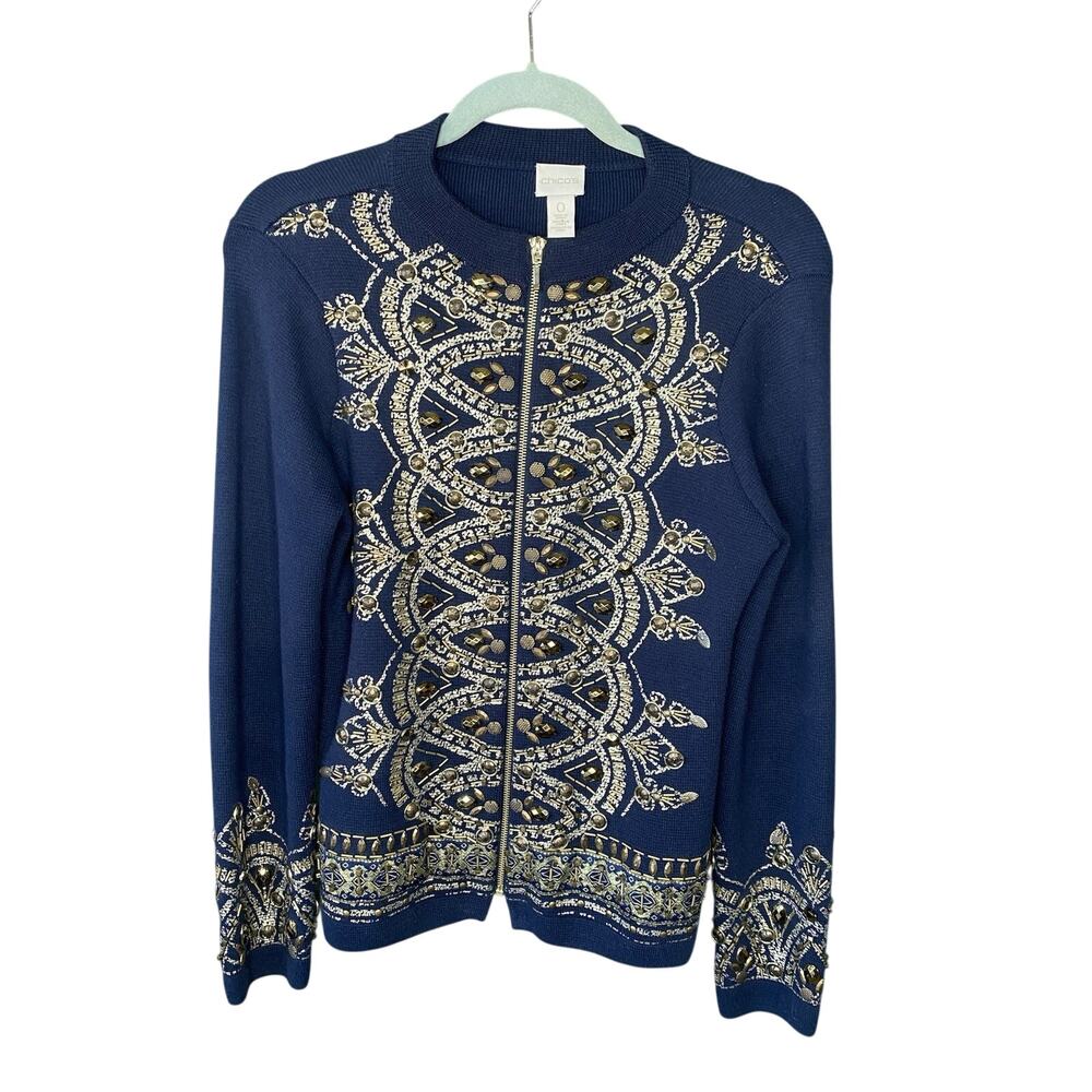 Chicos Sweater Womens Size 0 (Small) Demetria Navy Blue & Gold Zip Up Cardigan